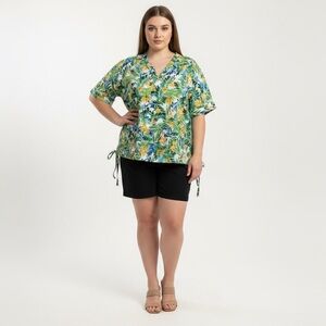 Kiwi Fresh Women's Plus 1X Green Multi Floral Short Sleeve Top with side ties